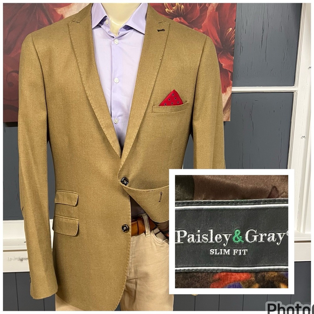Paisley & Gray Blazer Mens 46L Long Slim Fit Polyester Soft Twill Khaki